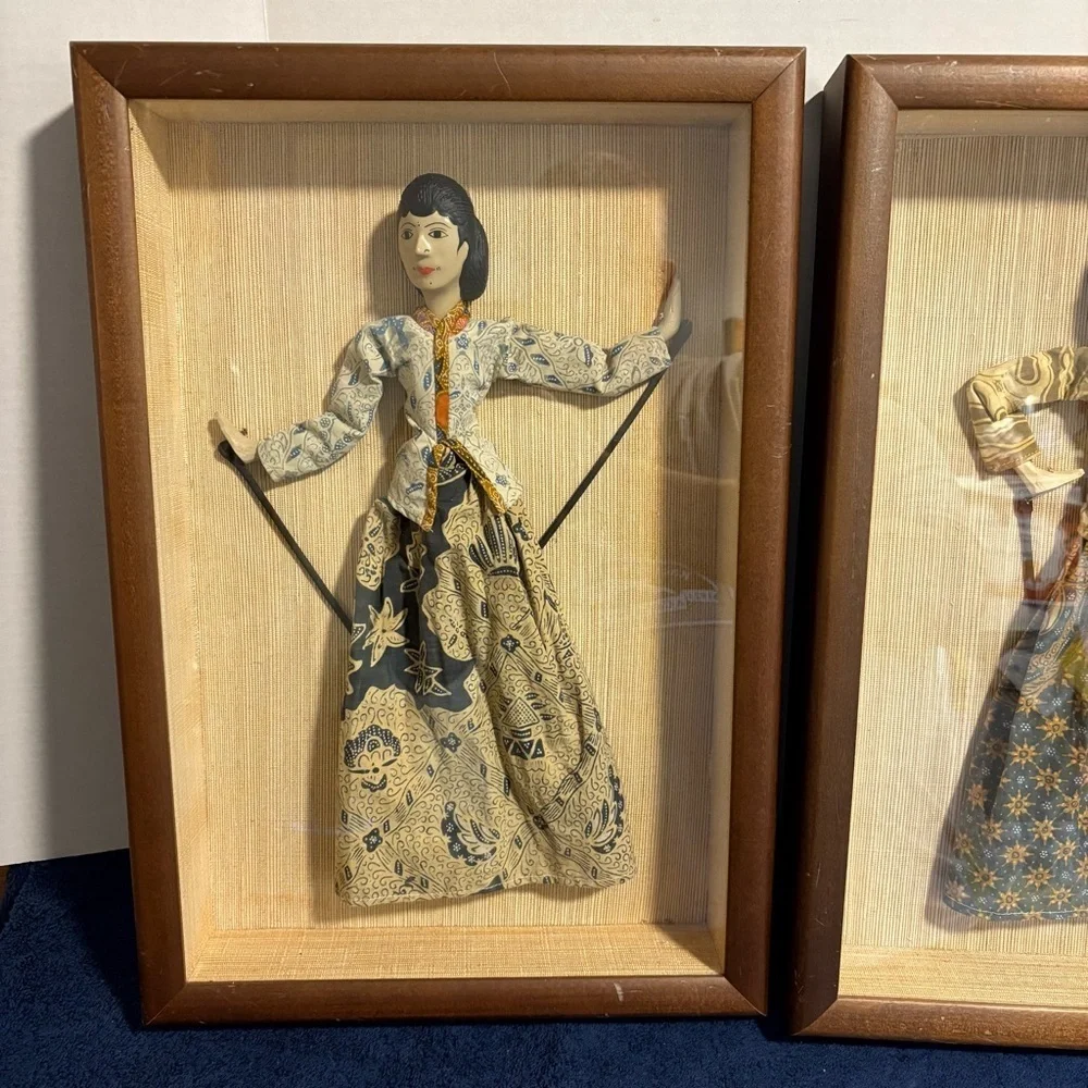 2 Vintage Indonesian Wayang Golek Rod Stick Puppets In 13x20 Shadow Boxes Decor